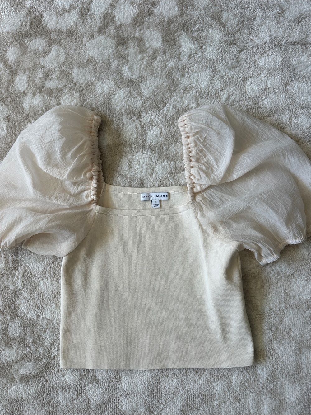 Cream Puff-Sleeve Square Neck Top